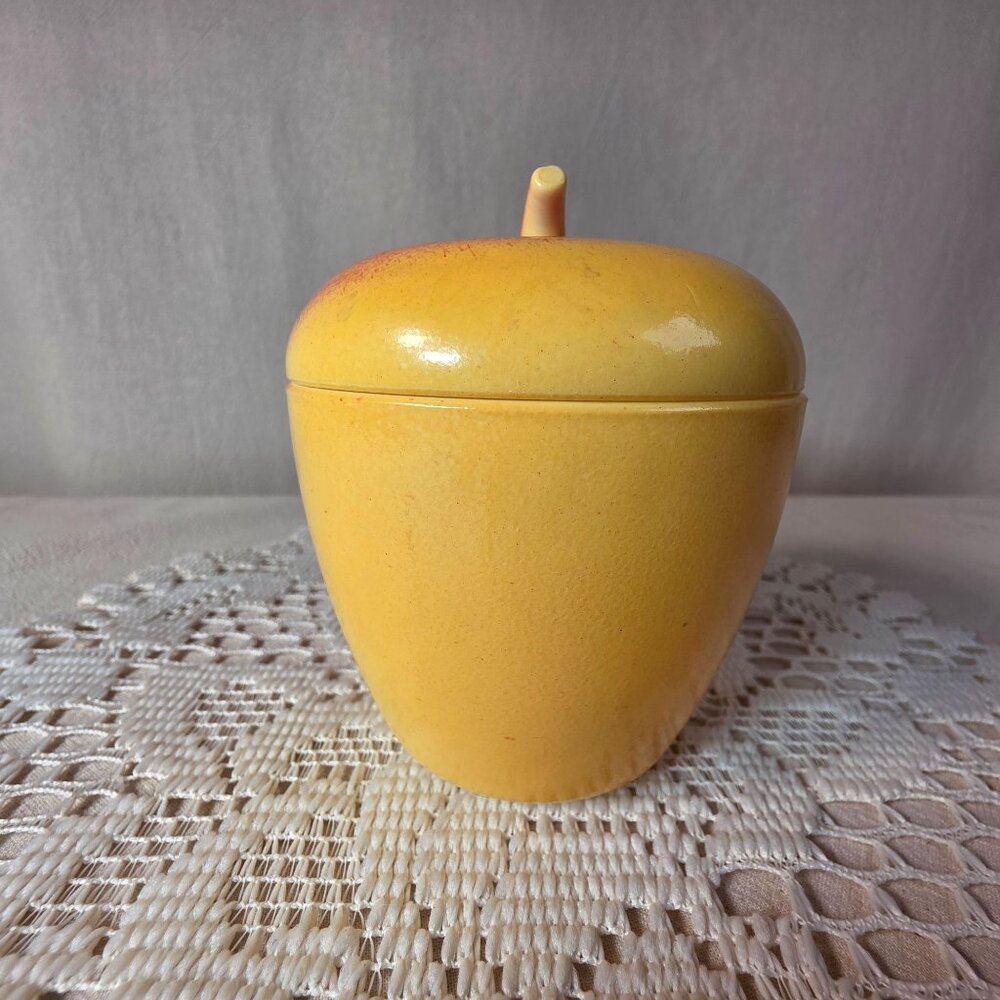 Hazel Atlas Milk Glass Apple Jam Jar 4" Red & Yellow Vintage Kitchen Decor - Picture 2 of 9